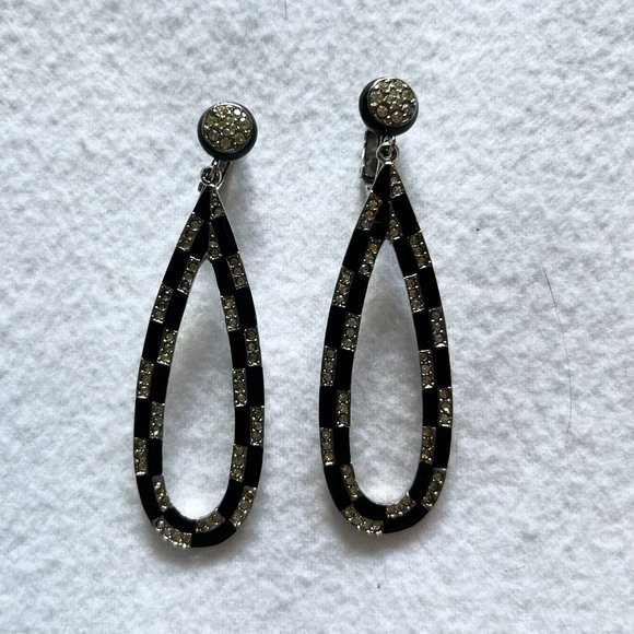 Jewelry - Retro Black Enamel/Clear Crystal Teardrop Clip Earrings